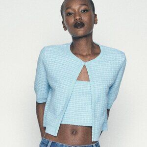 Zara Knit Crop Cardigan Light Blue | Tweed-Like Woven | Matching Set | Large L